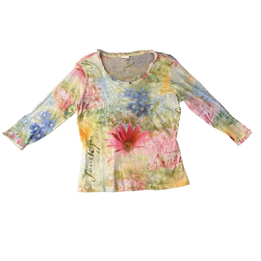 VTG NTCO Womens Floral Mesh Sheer Top Lettuce Edge Multicolor Large Fairy Grunge